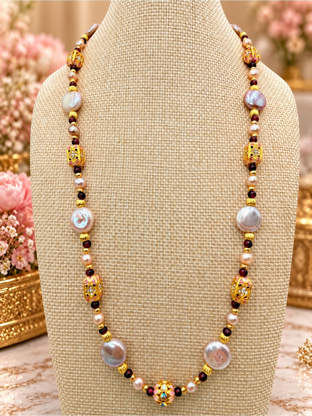 Artisan Premium Pink Coin Pearl Garnet beads & Cloisonné Beaded Necklace 18-22”